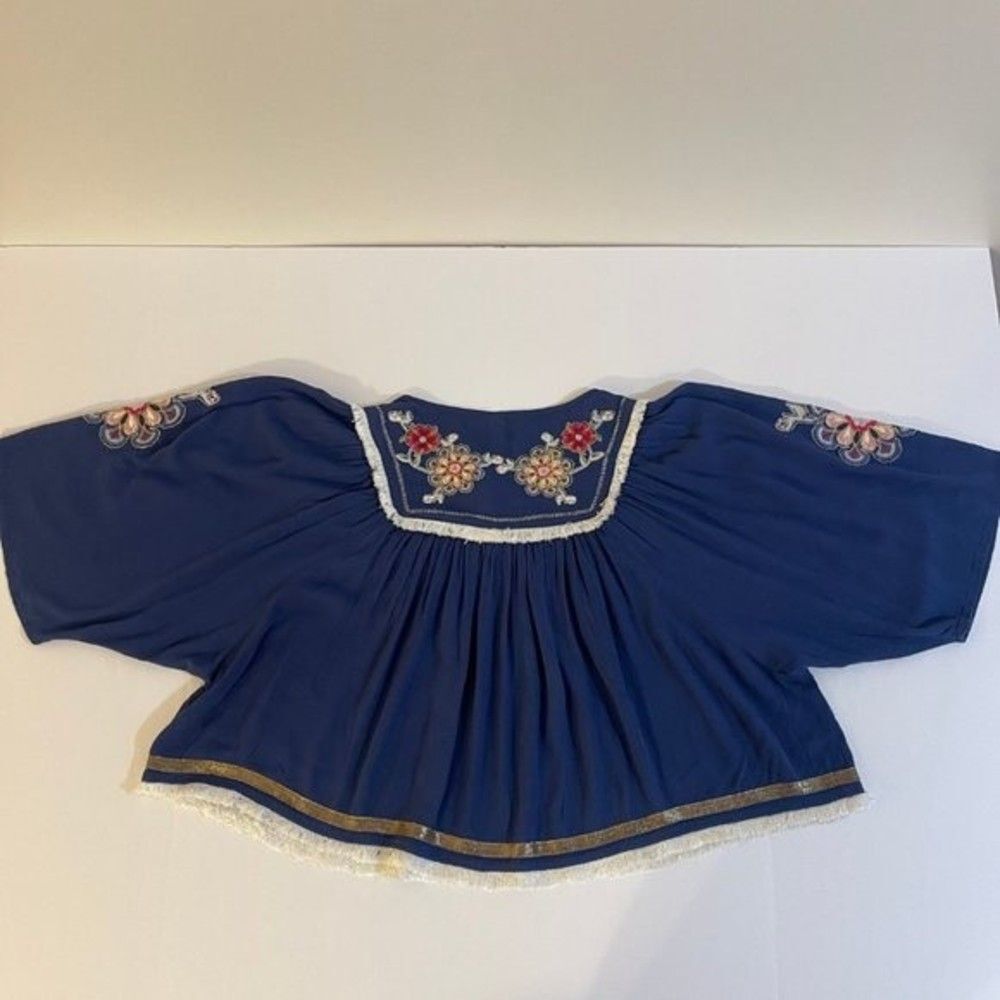 Women's Embroidered Blouse Blue Frayed X-Small - Picture 8 of 13